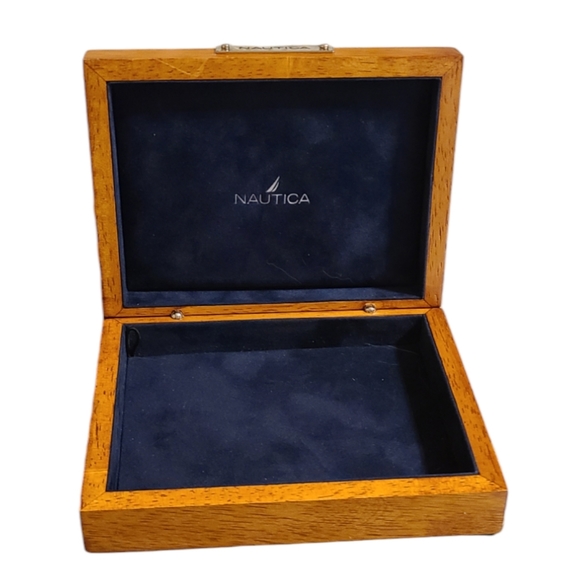 Nautica Wooden Jewelry Wallet Trinket Box Wood Etched Velvet Lined Vintage - Picture 3 of 5